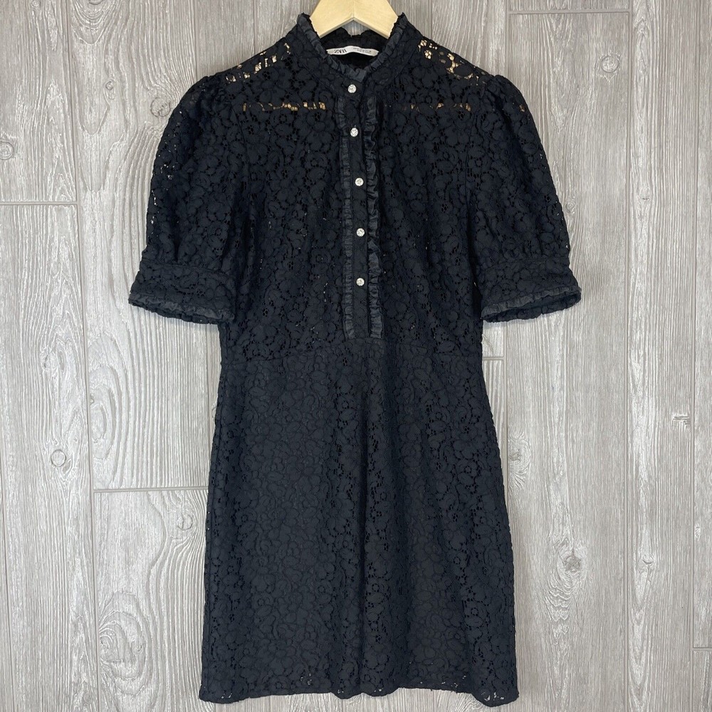 ZARA Black Lace Short Puff Sleeve Jewel Buttons Lined Dress Womens Sz Medium